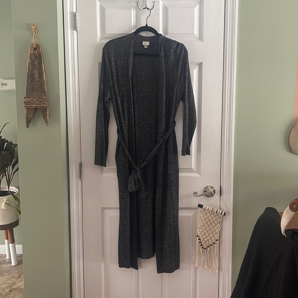 One gray tie waist duster sweater